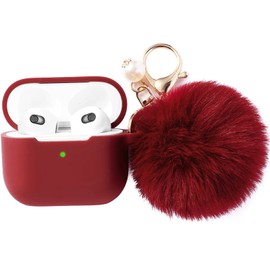 Camofit Case Compatible with Apple Airpod 3 Generation Case Cover for Women Girls, Soft Silicone Earbuds Case Compatible with AirPod 3rd Charging Case 2021 with Pompom Keychain (Burgundy)