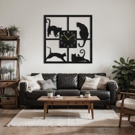 SIGNLEADER Metal Wall Clock Wall Art Decor, Black Cat Wall Sculpture Clock Silent Battery Operated Hangings Home Decoration for Living Room, Bedroom, Kitchen, Bathroom - 30" Black