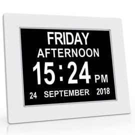 SINOIDEAS Calendar Memory Loss Day Clock with Digital Photo Frame, Extra Large Non-Abbreviated Day & Month, 8 Inch White