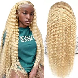 Weeybay Real Hair Wig, Deep Wave Human Hair Wig, Glueless Wear and Go, 4 x 1 Lace Closure Wigs, Women, 100% Brazilian Bleached Knots, 613 Blonde Colour, 8A Grade, 22 Inches