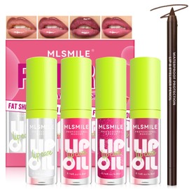 Noerrors 4 Farben Lippenöl und Lippenkonturenstift-Set, lang anhaltende Lippenpflegeöl, großer Pinselkopf feuchtigkeitsspendendes klares rosa glitzerndes transparentes Lipgloss-Kombi-Make-up