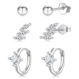 3 Pairs 925 Sterling Silver Stud Hoop Earrings Set for Women, Hypoallergenic Stacks Earrings with Cubic Zirconia, Dainty Cartilage Earring Jewellery