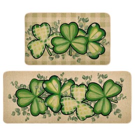 St Patricks Day Kitchen Decor Mats Set of 2, Non-Slip Absorbent Rug and Door Mats, Lucky Green Shamrock Clover Kitchen Floor Mat 17x29 and 17x47 Inch DM128