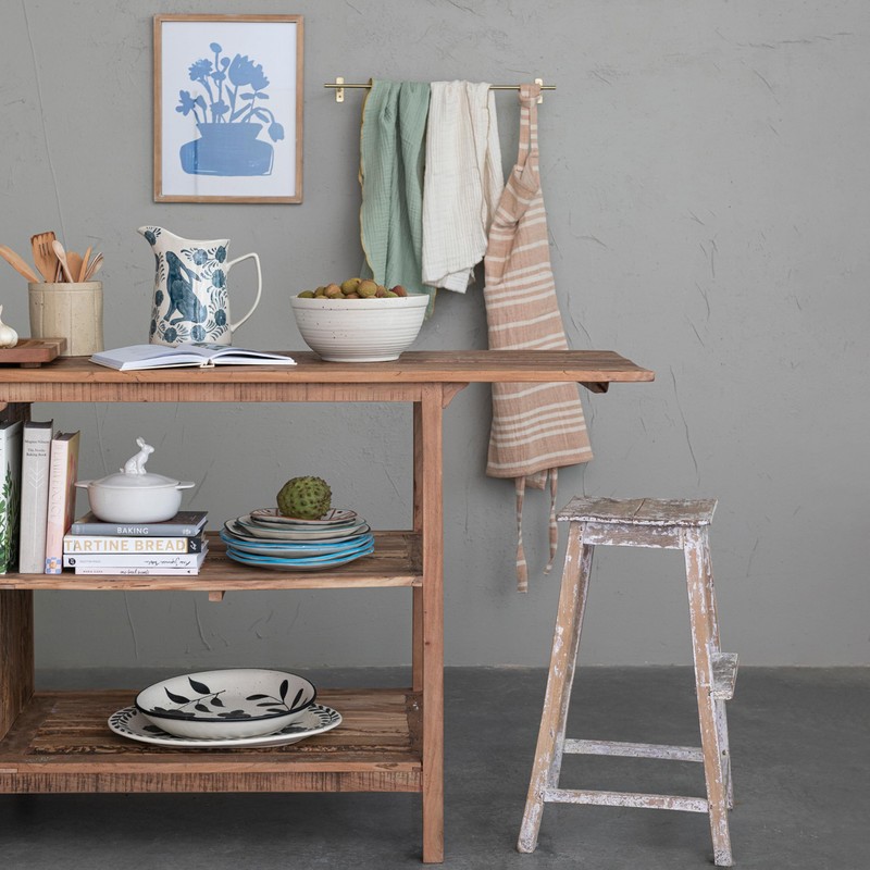 Creative Co-Op Stoneware Pitcher with Painted Rabbit and Florals, Blue