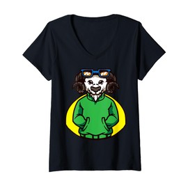 Womens Cute Goat Cartoon Character With Glasses For Kids V-Neck T-Shirt