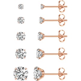 HANCAO 5 Pairs Extra Long Post Earrings 316L Stainless Steel Stud Earrings for Women Hypoallergenic Cubic Zirconia Ear Piercing Studs for Sensitive Ears 3-8mm (Rose Gold Color)