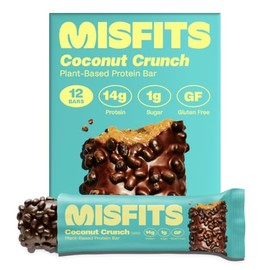 Misfits Vegan Protein Bars - Coconut Crunch | Nutrition Bars - 14g Protein, 1g Sugar, Plant-based, Low Carb, Non-GMO, Gluten Free Snacks | Pack of 12