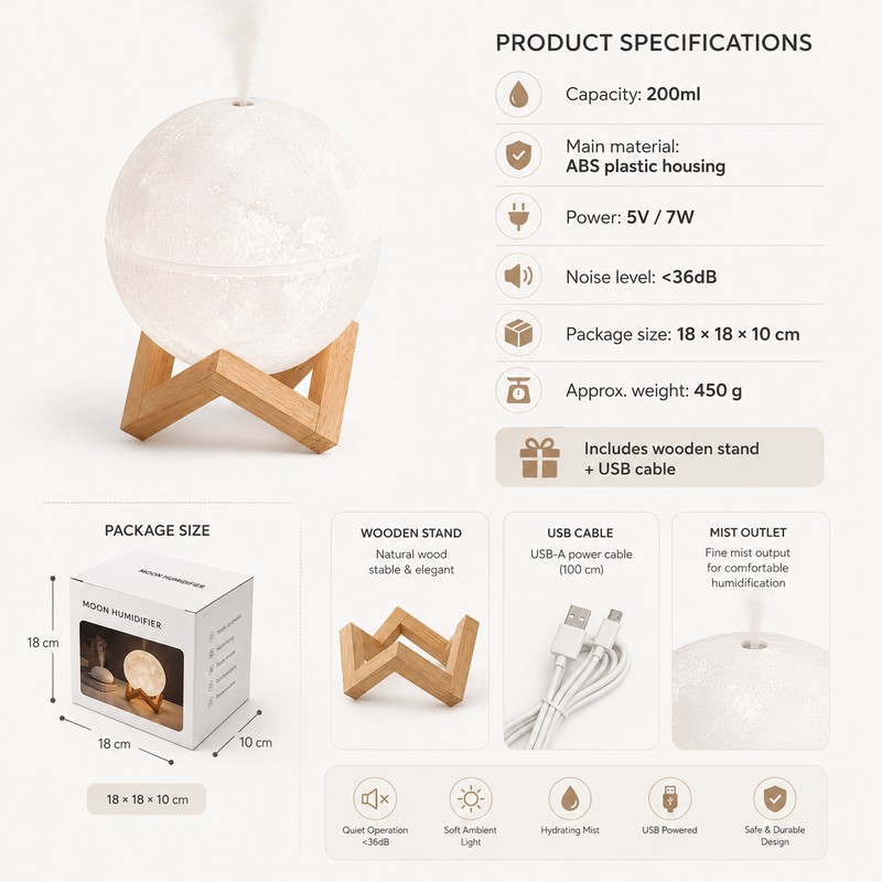 Mini Moon Humidifier for Bedroom Night Use – 200ml Cool