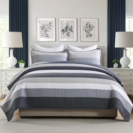 KALOOLA Striped Quilt King Size - 100% Cotton Ultra Soft Lightweight Quilted Bedding Set 3 Pieces, Modern Printed Bedspread with 2 Pillow Shams, Classic Bed Coverlet for All Season, Navy/Gray