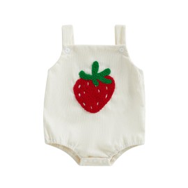 MAHUAOYIXI Newborn Baby Girls Outfits Ribbed Strawberry Embroidery Romper Round Neck Sleeveless Bodysuits Infant Baby Girls Clothes (Beige, 3-6 Months)