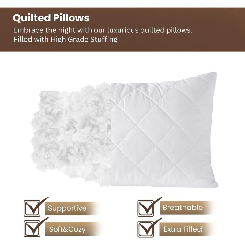 4 Pack Premium Hotel Pillows – Quilted Cover & Soft