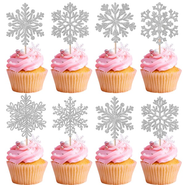 Paquete de 24 adornos de copos de nieve de invierno para magdalenas, copos de nieve con purpurina, decoraciones de cupcakes de invierno congelado, para copo de nieve, Navidad, baby shower, niños, fiesta de cumpleaños, color plateado