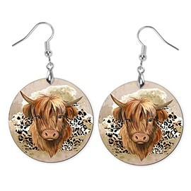 Round Wood Earrings Light Weight Printed Image Dangle Jewelry (Highland Cow)