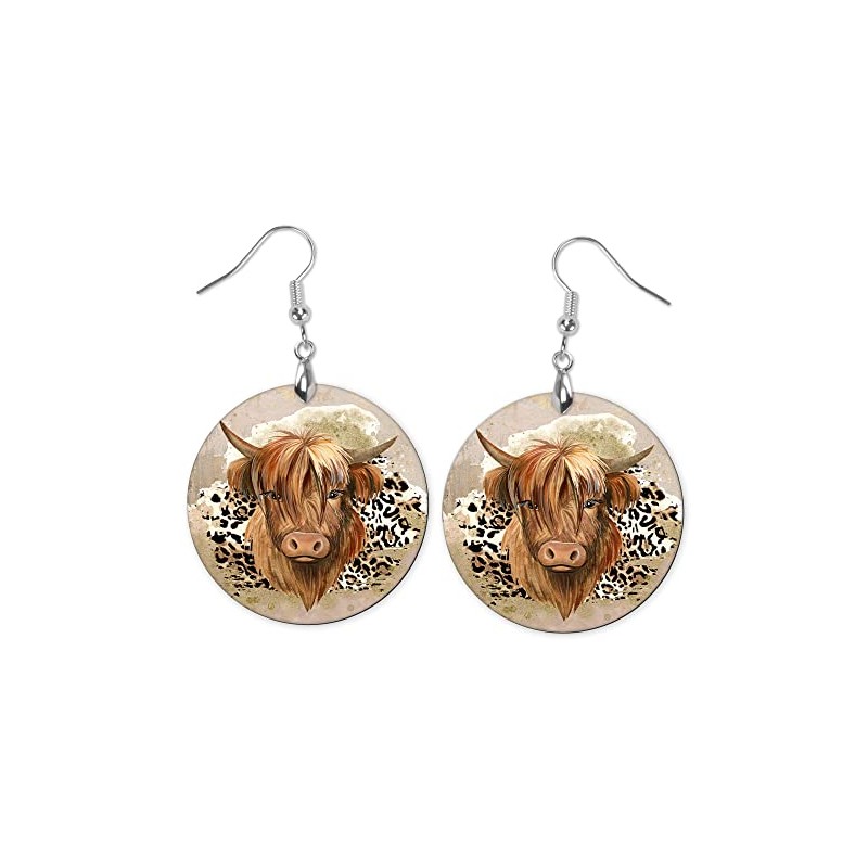 Round Wood Earrings Light Weight Printed Image Dangle Jewelry (Highland