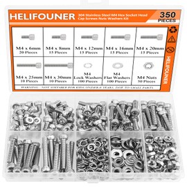HELIFOUNER 350 Pieces M4 x 6mm /8mm /12mm /16mm /20mm /25mm /30mm, Hex Socket Head Cap Screws Bolts Washers Nuts Kit, 304 Stainless Steel