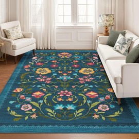 GarveeHome Washable Rug 9x12 Area Rugs for Living Room, Floral Rug for Bedroom, Soft Vintage Non Slip Throw Rugs with Rubber Back, Low Pile Stain Resistant Boho Floral Carpet for Dining Room, Blue