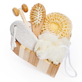 Bella Ciao Juego de 6 piezas para el cuidado del cuerpo y la piel, cesta de regalo de spa para mujer con rodillo de masaje facial, cepillo para el cabello, herramientas exfoliantes y bandeja de madera, accesorios de baño para el cuidado personal
