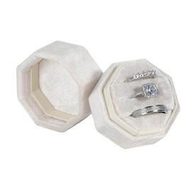 Velvet Ring Box,3 Slots Octagon Jewelry Ring Gift Box Vintage Ring Display Holder Case for Wedding Ceremony Proposal Engagement (Beige)