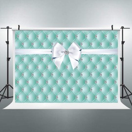 Riyidecor Blue Breakfast Decorations Backdrop Diamonds Bowknot Teal Sweet Birthday Party Banner Background 8x6 Feet Turquoise Girls Women Dessert Table Photography Wedding Props Video Studio Props