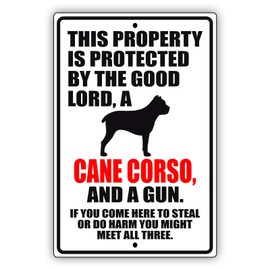 Afterprints This Property is Protected by The Good Lord A Cane Corso Dog Unique Novelty Caution Outdoor Warning Notice Aluminum Metal Sign