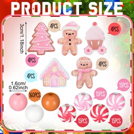 240 Pcs Pink Gingerbread Christmas Wooden Beads Bulk for Jewelry Making, 16mm Round Spacer Pink Candy Trees Houses Ice Cream Craft Beads for DIY Garland Beaded Pens Xmas Holiday Tiered Tray Tree Decor