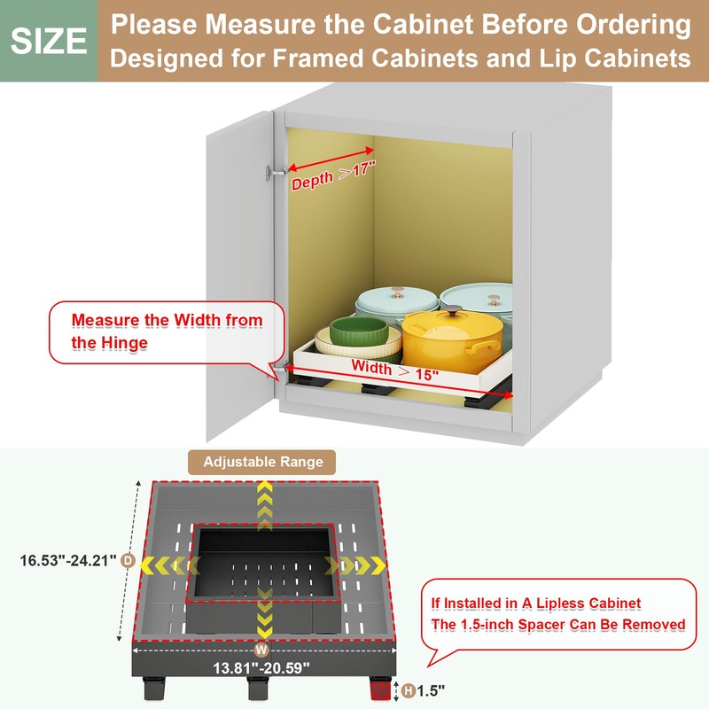 Pull out Cabinet Organizer,Expandable Width(15"-21") and Depth(17"-24") with 3 Rails,Roll