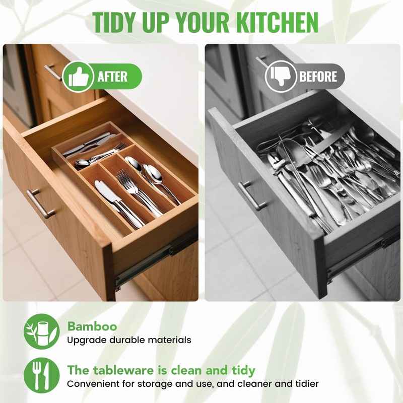 Bayting Bamboo Silverware Organizer, Small Kitchen Drawer Cutlery Organizer, Utensil