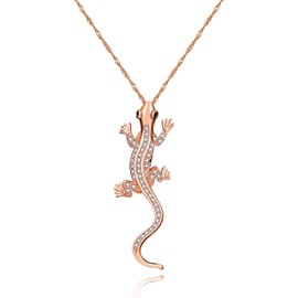 Rose Gold Plated Cubic Zirconia Pave Gecko Lizard Animal Pendant Lucky Amulet Necklace for Men or Women N1012