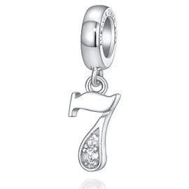 FOREVER QUEEN Lucky Number 7 Charm S925 Sterling Silver Pendant Dangle Bead with Cubic Zirconia fit Charms Bracelet Necklace Meaningful Anniversary Jewelry Gift for Girlfriend Wife Mother Daughter