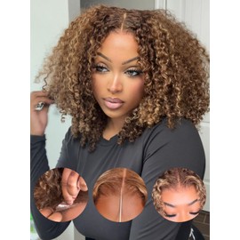 Sunber Curly Human Hair Lace Front Wig Put On and Go Bye Bye Knots Highlight Honey Blonde Curly 13x4 Lace Front Pre Cut Lace With Baby Hair 180% Density No Glue 3S Wear and Go 20Inch Beginner Friendly