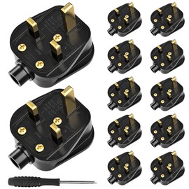 UK Plugs with 13 AMP Fused, 3 pin Mains Plug with Cord Grip Rewireable Heavy Duty Electrical Plug, Rubber Composite Plug, 12 Pack (Black)