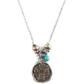 Western Collection Vintage Hammered Cross Heart Love Charms Necklace with Earrings (Cross Circle Necklace)