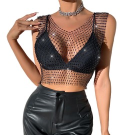 ORGYAML Festival Top Women's Glitter Rhinestone Shiny Mesh Body Chain Tops - Sparkling Bikini Crop Top for Women, Black Rhinestone Tops, for Night Club Party Festival