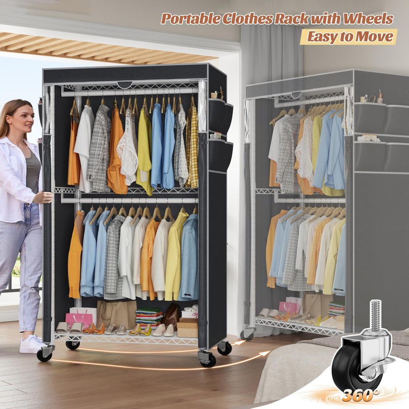 Raybee Rolling Clothes Rack with Cover Clothing Racks for Hanging