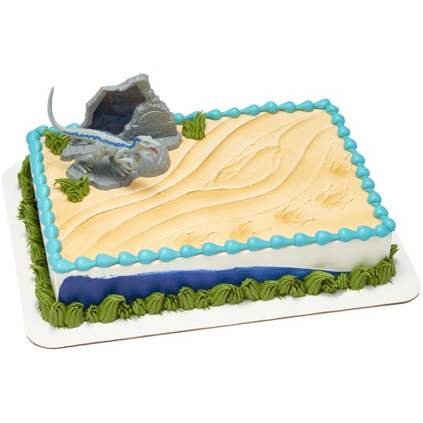 DecoSet® Jurassic World™ Decoración para tartas de advertencia, 3 piezas de decoración de tartas de dinosaurio con base 3D azul, y sello fósil oculto