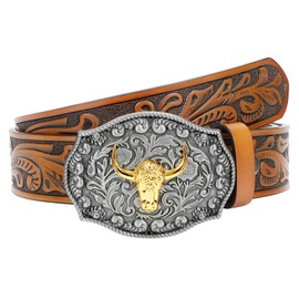 SANSTHS Western Cowboy Belt for Men Bull Buckle Belt Men Women Western Floral Engraved Leather Belt for Jeans, Brown/Golden Bull