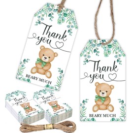 50Pcs Bear Thank You Tags, Green Gift Tags with String for Baby Shower, Thank You Beary Much Gift Tags for Celebrating Wedding Birthday Baby Shower Bridal Shower Party Favors