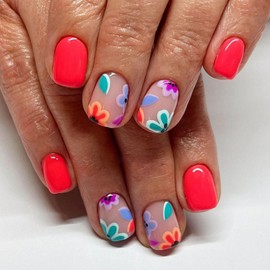 Square Press on Nails Short Fake Nails with Flower Designs Orange Red Acrylic Nails Glossy Glue on Nails Cute False Nails Spring Summer Stick on Nails for Women 24Pcs