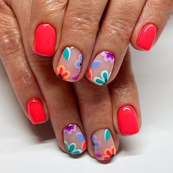 Square Press on Nails Short Fake Nails with Flower Designs