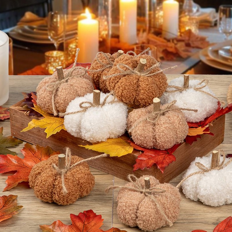 Oairse 9pcs Plush Pumpkins Fall Decorations Mini Artificial Pumpkins with