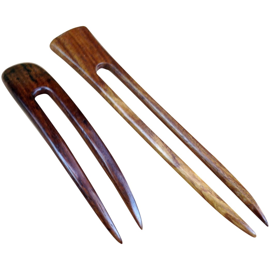 JWL (1) Rosewood Two Prong Curved 4.5 Inch & (1) Rosewood Two Prong Straight 6 Inch Hair Stick Pick Pic Pin Fork - Hawaiian Style