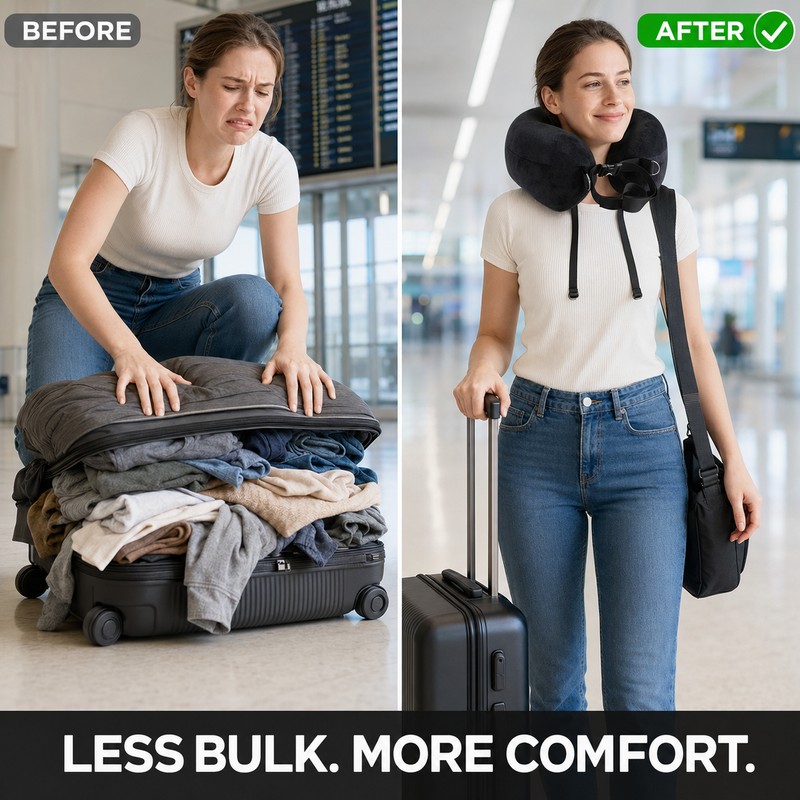 Stuffable Travel Pillowcase U-Shaped Neck Pillow with Adjustable Strap, Washable
