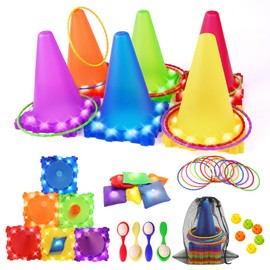 CLEMAS Light Up Throwing Games Outdoor Games Garden Game Ball & Ring & Bean Bag Toss Game Set, Party Throwing Games for Children & Adults, Ring Toss Games for Children's Birthday, Easter Eggs Spoon