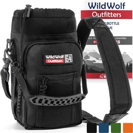 Wild Wolf Outfitters Water Bottle Holder for 64oz Bottles Black - Carry, Protect and Insulate Your Best Flask with This Military Grade Carrier w/ 2 Pockets & an Adjustable Padded Shoulder Strap