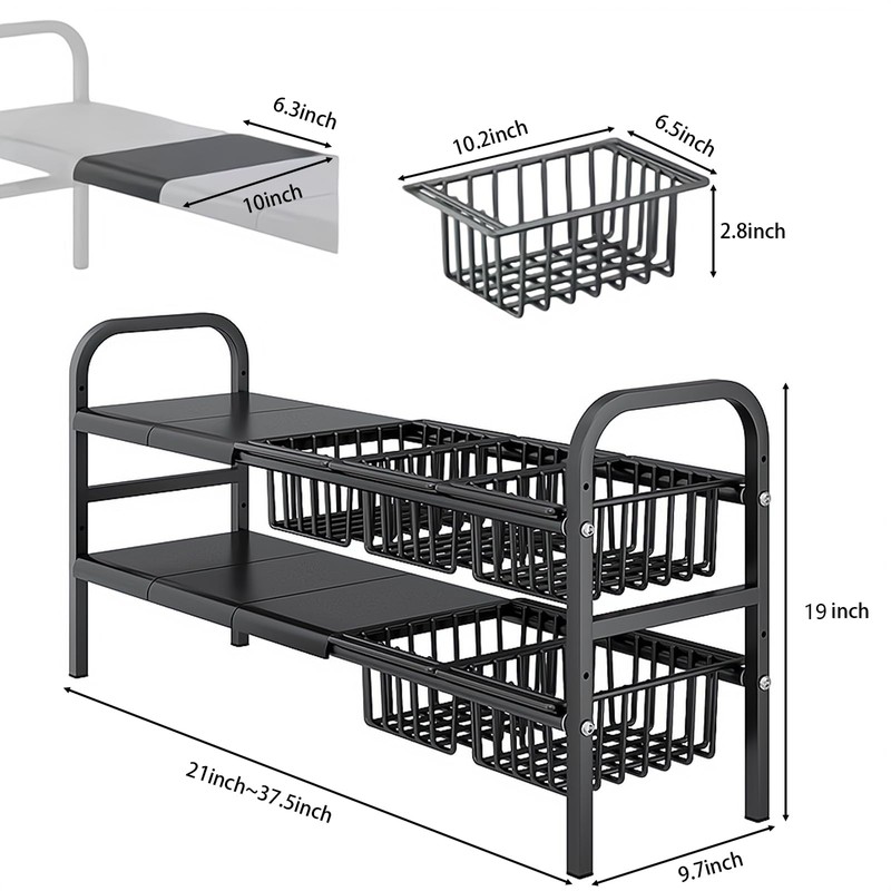 Fliqor Under Sink Organizer，2 Tier Expandable Heavy Duty Metal Shelf，with