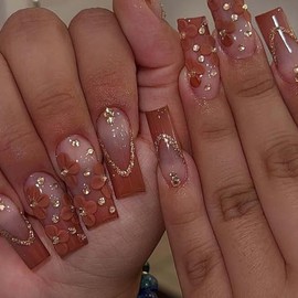 Uñas postizas con degradado en marrón medio, cobertura total, cuadradas, con flores, para mujeres y niñas, 24 unidades