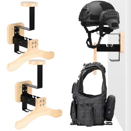 Motorcycle Helmet and Jacket Wall Mount 2 Pack - Tactical Gear Holder With Stand and Solid Wooden Hanger, Bicycle Rack Organizer Display for Police Football Cycling Gear