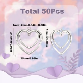 SUNNYCLUE 1 Box of 50 Heart Connecting Charms Double Heart Charms Open Bezel Love Charm Pressed Flower Empty Frame Hollow Charm Connectors for Jewellery Making Charms DIY Crafts