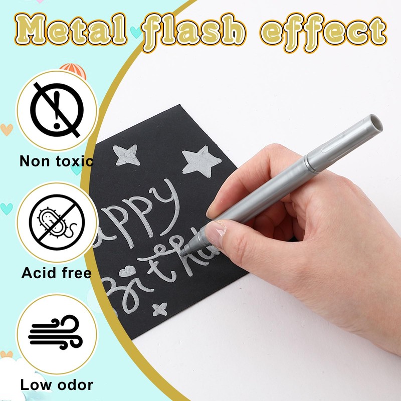 Watersay 24 Pcs Silver Metallic Permanent Markers Bulk Paint Pens