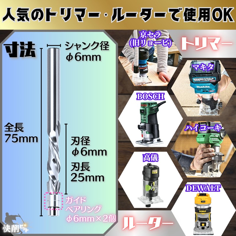 Kaizuchi Bit Flash Trim, 0.2 inch (6 mm) Trimmer Router,